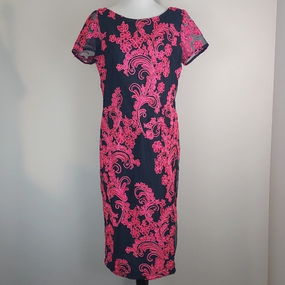 JS Collections Navy Blue Pink Floral Patterned Corded Embroidery Dress Size 12